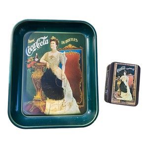 Lot 2 Repro 1970s Coca Cola Coke Tray & Tin Box Lillian Nordica 75th Anniversary